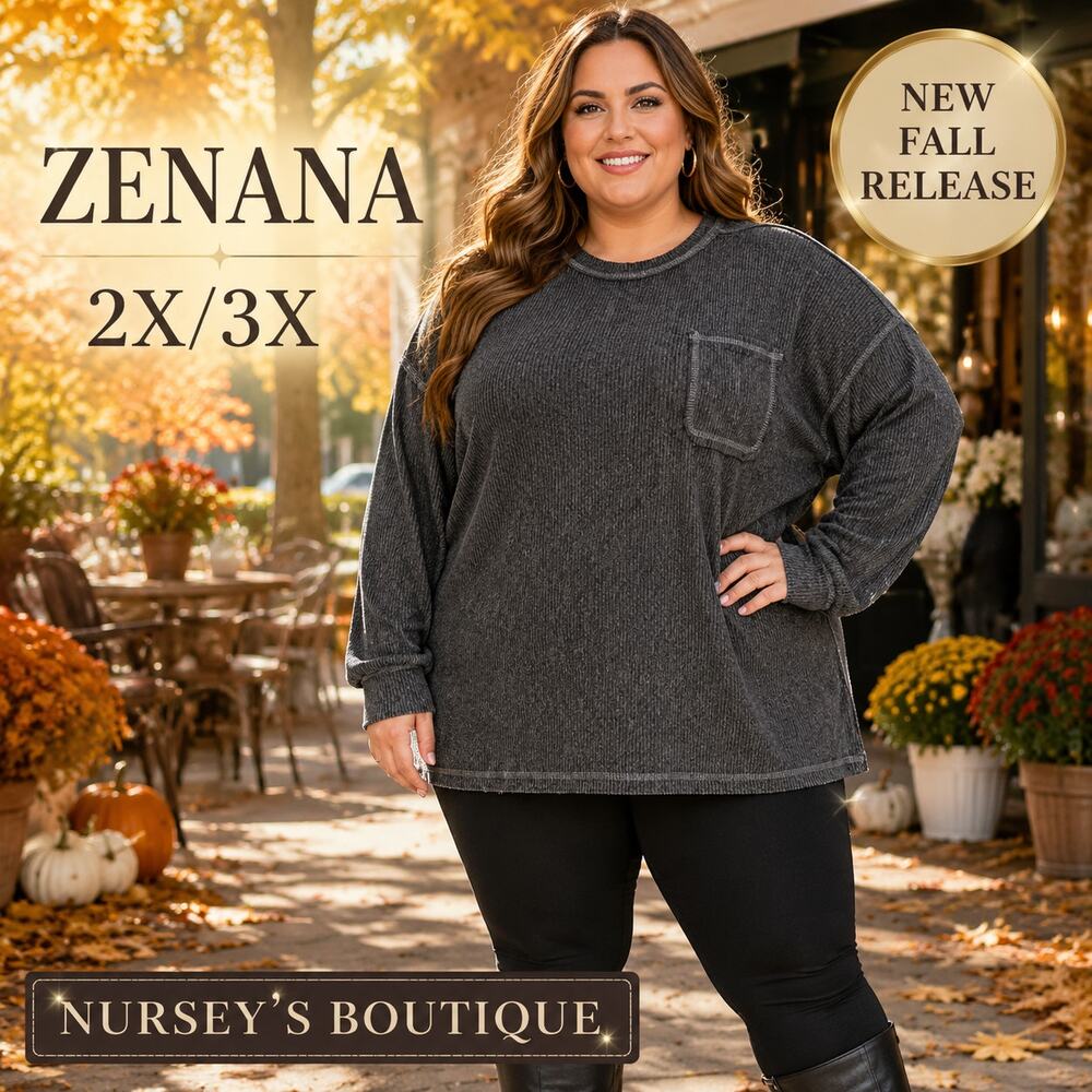 Zenana 2X/3X Charcoal Ribbed Oversized Pocket Long Sleeve Top NIB